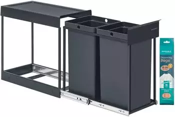 Songmics M&uuml;lltrennsystem Unterschrank ausziehbar 2x15L Stahlrahmen, ABS-Deckel, Grau (LTB950GZ01)