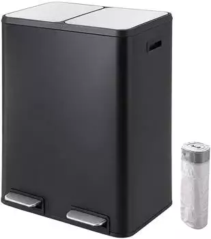 Relaxdays M&uuml;lleimer 2 F&auml;cher 2x30l Softclose Edelstahl, schwarz-silber