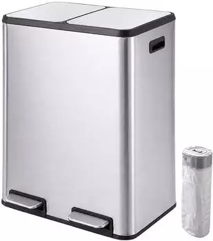 Relaxdays M&uuml;lleimer 2 F&auml;cher, 2x30l, Softclose, Edelstahl, silber/schwarz