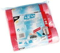 Hygiene Artikel 75 M&uuml;llbeutel zum Zuziehen, HDPE 30l 70 cm x 55 cm rot