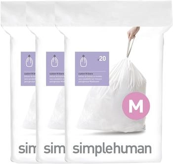 Simplehuman Passgenaue Müllbeutel 3 x 20 Pack (60 Beutel), Code M, 45 Liter; CW0261