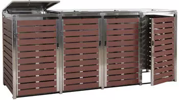 Mendler 4er-Mülltonnenverkleidung HWC-K14 120 x 264 x 85 cm WPC Edelstahl 128 kg Walnuss-Holzoptik (87702+87703+87704)