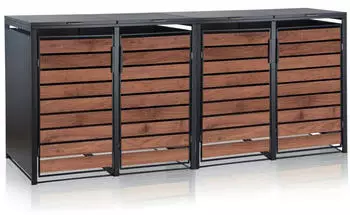 Zelsius Mülltonnenbox-Set 4 x 240 Liter Stahl anthrazit/Holzoptik Walnuss
