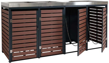 Mendler 4er Mülltonnenbox mit Pflanzkasten 124x265x84cm WPC Edelstahl Walnuss-Holzoptik