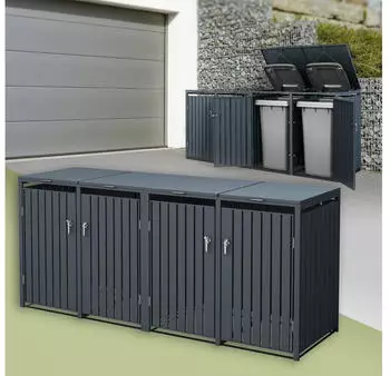ML-Design M&uuml;lltonnenbox 4er Set je 240 Liter 264x80x116,3 cm wetterfest mit Klappdeckel Stahl anthrazit (2x ML-666)
