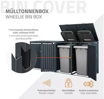 ML-Design Mülltonnenbox 4er Set je 240 Liter 264x80x116,3 cm wetterfest mit Klappdeckel Stahl anthrazit (2x ML-666) – Einfaches Öffnen und Schließen