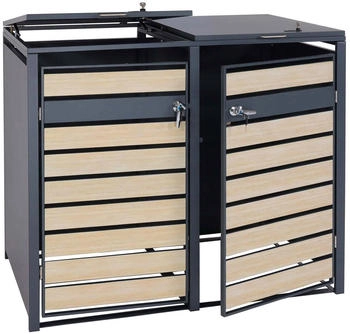 Mendler 2er-M&uuml;lltonnenverkleidung XL HWC-J81 Metall 59 kg anthrazit Buche-Holzoptik hellbraun (83408+83409)