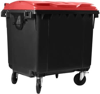 Hardwex Müllcontainer 1100 l Schwarz mit rotem Flachdeckel