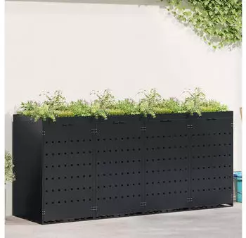vidaXL M&uuml;lltonnenbox mit Pflanzdach f&uuml;r 4 Beh&auml;lter, pulverbeschichteter Stahl, Schwarz, 272x77,5x121,5cm (3394740)