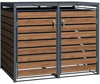 Wiltec M&uuml;lltonnenbox f&uuml;r 2 Tonnen Holzoptik, abschlie&szlig;bar, Klappdeckel (64815)
