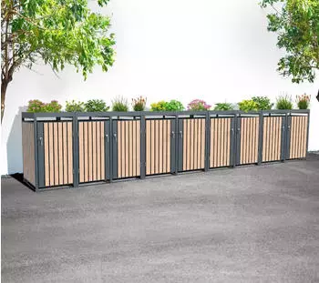 Westmann Planta M&uuml;lltonnenbox 9x240L Metall Anthrazit Holzoptik mit Pflanzdach (HHWTC-6-9)