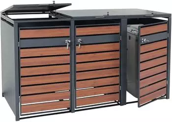 Mendler HWC-J81 3er M&uuml;lltonnenbox erweiterbar, Metall, Kirsche-Holzoptik dunkelbraun (HWC-J81)