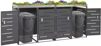 Mendler HWC-H40 M&uuml;lltonnenbox 4er mit Pflanzkasten, Edelstahl-Metall, 125x264x84cm (73381+73382+73383)