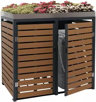 MCW M&uuml;lltonnenbox K14 mit Pflanzkasten, WPC Edelstahl, Teak-Optik, 124x134x84cm (MCW-K14)