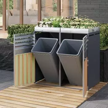 Stilvora M&uuml;lltonnenbox 2er mit Pflanzbereich, Lamellen-L&uuml;ftungs&ouml;ffnungen, Holzoptik (QTEWZR8JZCWWTRY)
