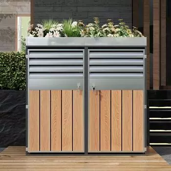 MODFU M&uuml;lltonnenbox aus Stahl, grau/Holzoptik, 132x124,5x80cm, mit Pflanzfl&auml;che, abschlie&szlig;bar