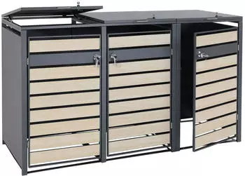 Proregal M&uuml;lltonnenbox 3er/6er XL 117x215x98cm Metall Anthrazit Buche-Holzoptik Hellbraun