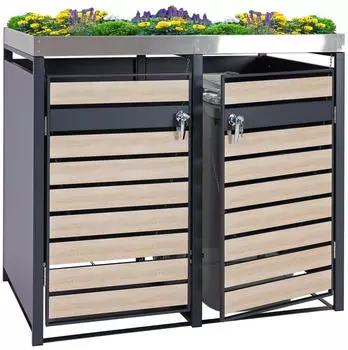 Proregal M&uuml;lltonnenbox 2er Mit Pflanzkasten 125x132x80cm Anthrazit Buche-Holzoptik Erweiterbar