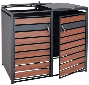 Proregal Mülltonnenbox 2er XL 117x142x98cm Metall 59kg Anthrazit Kirsche-Holzoptik Dunkelbraun