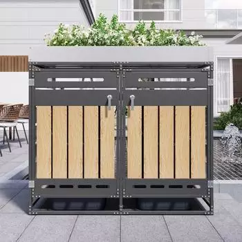 OKWISH M&uuml;lltonnenbox mit Pflanzkasten, Doppelt&uuml;r, Schloss, schwarzes Eisen
