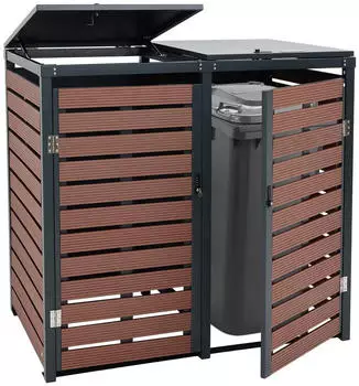 Mendler 2er Mülltonnenverkleidung 119x134x84cm WPC Metall Walnuss-Holzoptik
