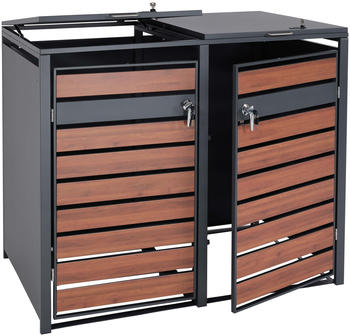 Mendler 2er-Mülltonnenverkleidung XL HWC-J81 Metall 59 kg anthrazit Kirsche-Holzoptik dunkelbraun (83422+83423)