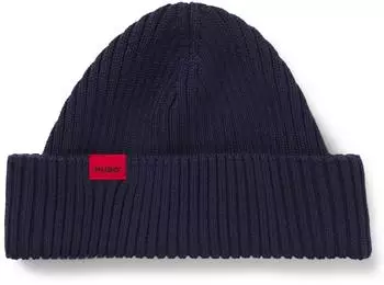 HUGO Gerippte Mütze aus Woll-Mix mit rotem Logo-Label Style Xush_R 50551267 Dunkelblau ONESI