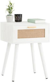 Caro Möbel Nachttisch KIRAN in weiß mit 1 Schublade im Boho Style und Jute Geflecht Beistelltisch aus Paulownia Holz