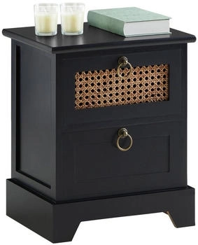 Caro Möbel Nachttisch PADMA mit 2 Schubladen aus Paulownia Holz und Wiener Geflecht im Retro Design Boho in schwarz