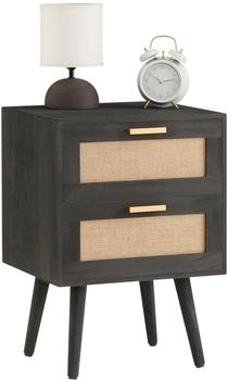 Caro Möbel Nachttisch WAMAN mit 2 Schubladen aus Paulownia Holz und Jute Geflecht im Retro Design in schwarz Boho