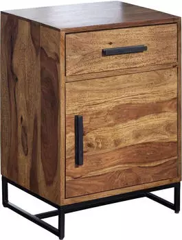 Wohnling Nachttisch Sheesham Massivholz / Metall 45x35x65 cm Boxspringbett Design mit Schublade und Tür Industrial mit Stauraum