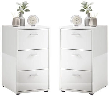 Lomado Nachttisch mit 3 Schubladen 2er Set in Hochglanz weiß VUKA-10 für Boxspringbetten geeignet B/H/T ca. 35/62,4/39,9 cm