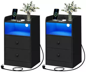 Woltu WOLTU Nachttisch Ladefunktion LED-Licht 2 Steckdosen 2 USB Holz Schwarz