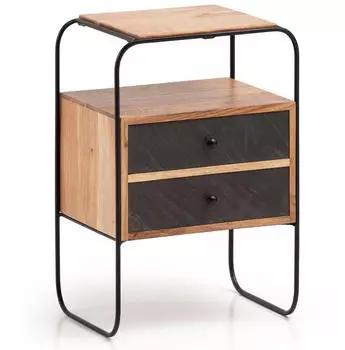 Wohnling Nachttisch Akazie Massivholz / Steinoptik 40x60x30 cm Boxspringbett Industrial Braun mit 2 Schubladen & Ablagefl&auml;che Stauraum & Metallgestell
