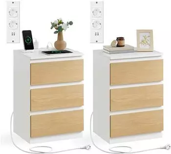 Vasagle Kailyn Nachttisch mit Steckdosenleiste, 3 Schubladen, 2er Set, wolkenwei&szlig;-mandelgelb (LET831Y01)