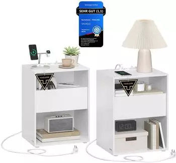 Vasagle Nachttisch 2er Set mit Schublade und Ladefunktion, mattwei&szlig; (LET777W04)