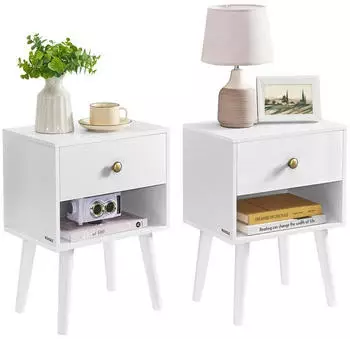 Vasagle Nachttisch mit Schublade, offener Ablage und Holzbeinen (2er-Set)