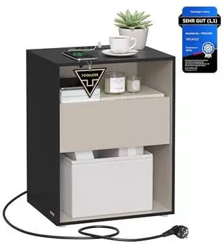 Vasagle Nachttisch mit Ladestation & Schublade, werkzeuglose Montage, Tintenschwarz & Cappuccino-Beige (LET777B04)