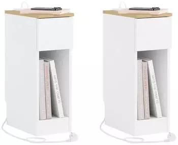 SoBuy Nachttisch schmal mit Schublade und Ladestation, 2er Set (FBT111-E-WN)