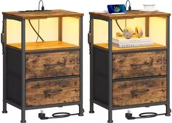 Songmics Nachttisch mit LED-Beleuchtung, Ladestation, 2 Schubladen, Vintagebraun, 2er-Set