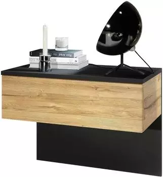 Vladon Sleep Nachttischschrank mit Schublade, Wandmontage, Schwarz matt/Eiche Natur (60x46x35cm)