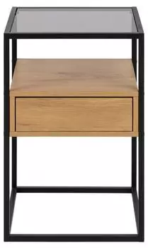 Actona Radek Quadratischer Nachttisch, Glasplatte, Holzschublade, schwarzes Metallgestell (Radek)