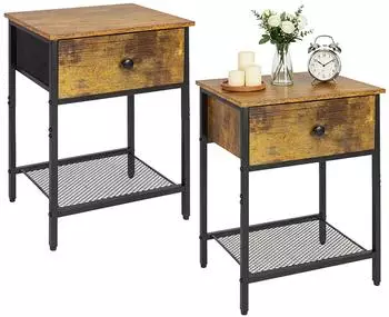 Relaxdays Nachttisch 2er Set, Schublade & Ablage, Industrial, Holzoptik, Metall, 55x40x30cm, dunkelbraun/schwarz (10051093)