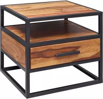 Finebuy Nachtkonsole Sheesham Massivholz mit Schublade, Industrial (FB51418)