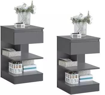 SoBuy Nachttisch-Set 2er mit 1 Schublade & 2 Ablagen, dunkelgrau, 39x39x65cm (FBT49-HGx2)