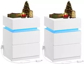 Vasagle Nachttisch mit LED-Beleuchtung, 3 Schubladen, wei&szlig;, 2er-Set (TEL799T10)
