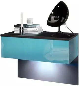 Vladon Sleep Nachttischschrank mit Schublade, wandmontiert, Petrol Hochglanz, LED (60x46x35cm)