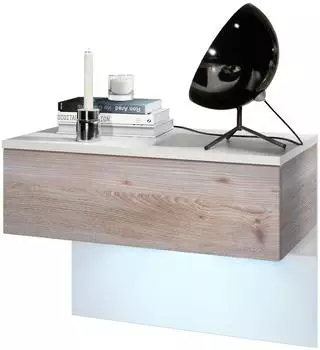 Vladon Sleep Nachttischschrank mit Schublade, Wandmontage, LED, weiß matt/Eiche Nordic (60x46x35cm)