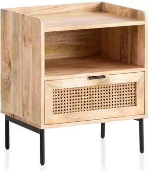 Wohnling Nachttisch Mango-Massivholz & Rattan, 1 Schublade, 50x60x40cm (WL6.806)
