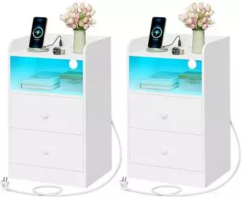 Woltu Nachttisch LED mit 2 Steckdosen, 2 USB-Anschlüssen, 2 Schubladen, weiß